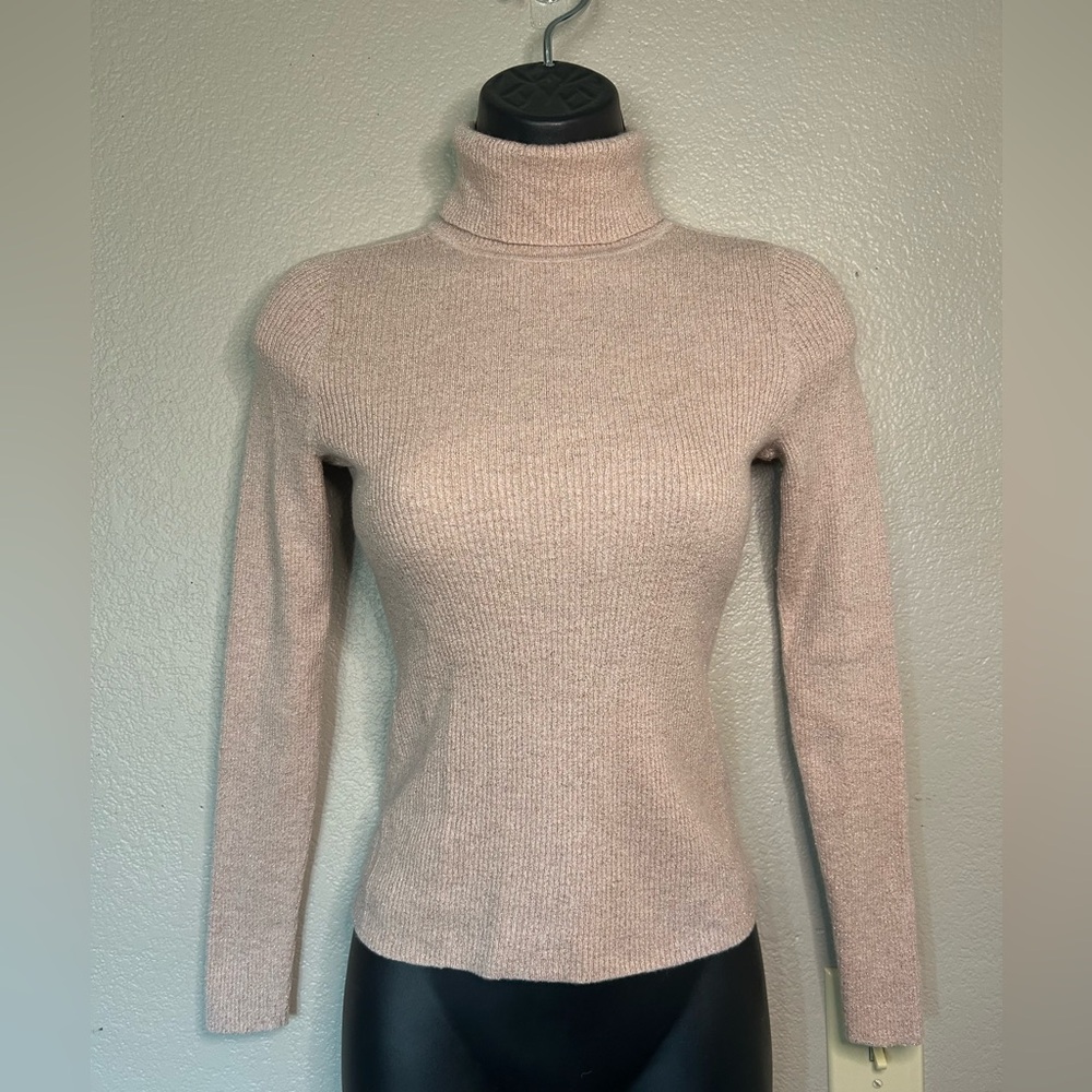 EVERLANE Blush Pink Turtleneck Shirt with Gold Metallic Threads Holiday Sz S - Picture 2 of 5
